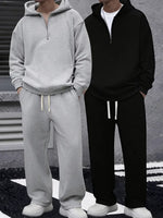 Mens Solid Color Half Zip Hooded Casual Set