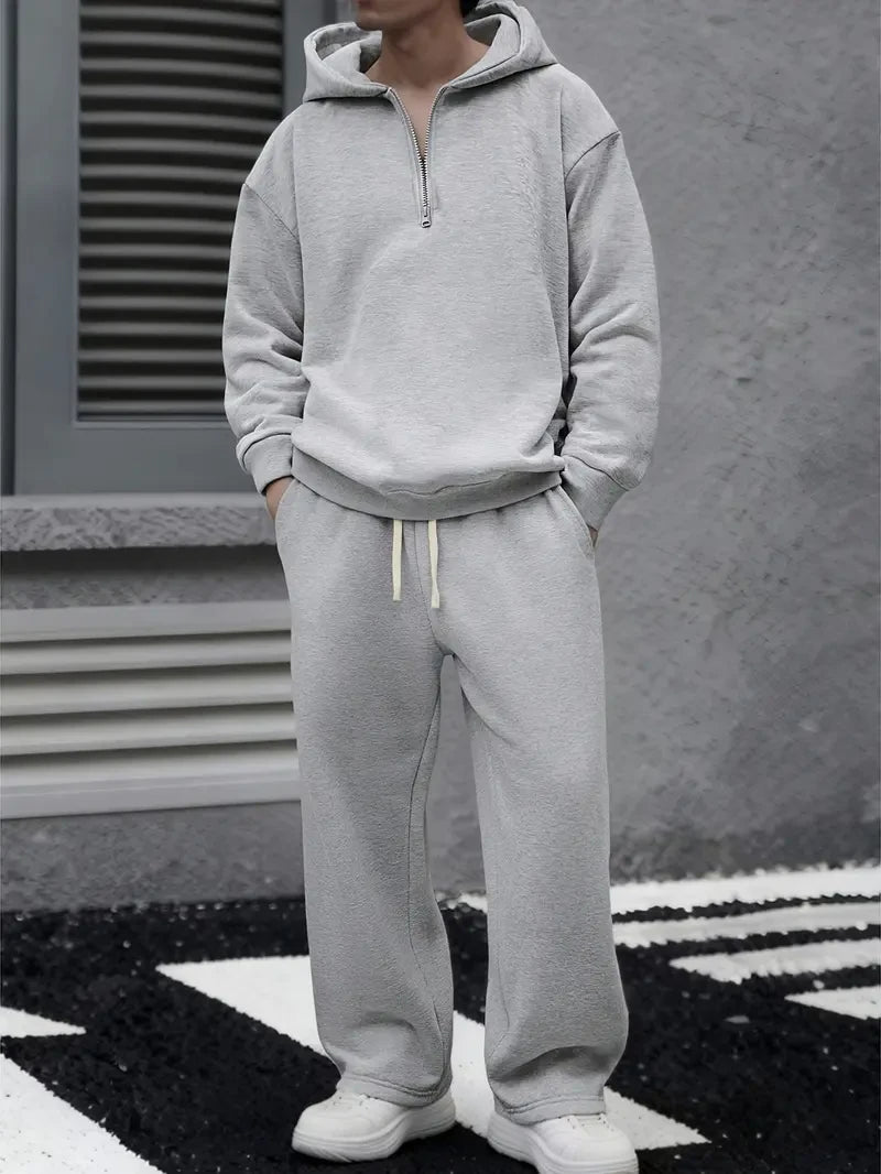 Mens Solid Color Half Zip Hooded Casual Set