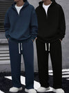 Mens Solid Color Half Zip Hooded Casual Set