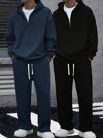 Mens Solid Color Half Zip Hooded Casual Set